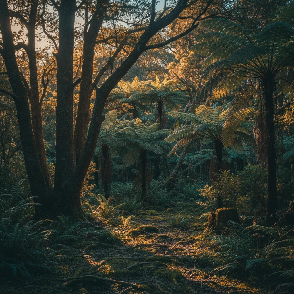 Lush New Zealand native bush at golden hour