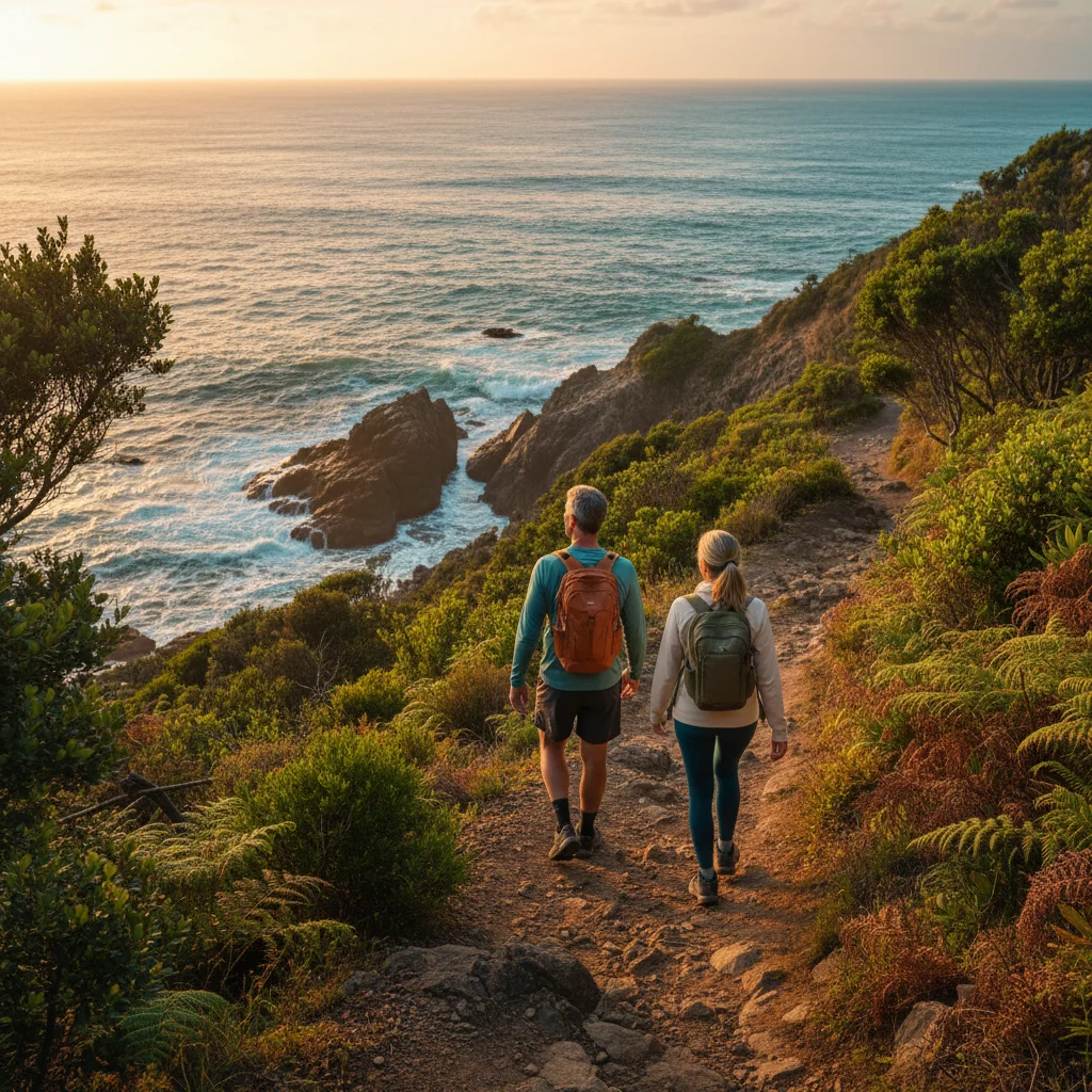 Two people walking on a coastal New Zealand track - pelvic circulation support for men over 50